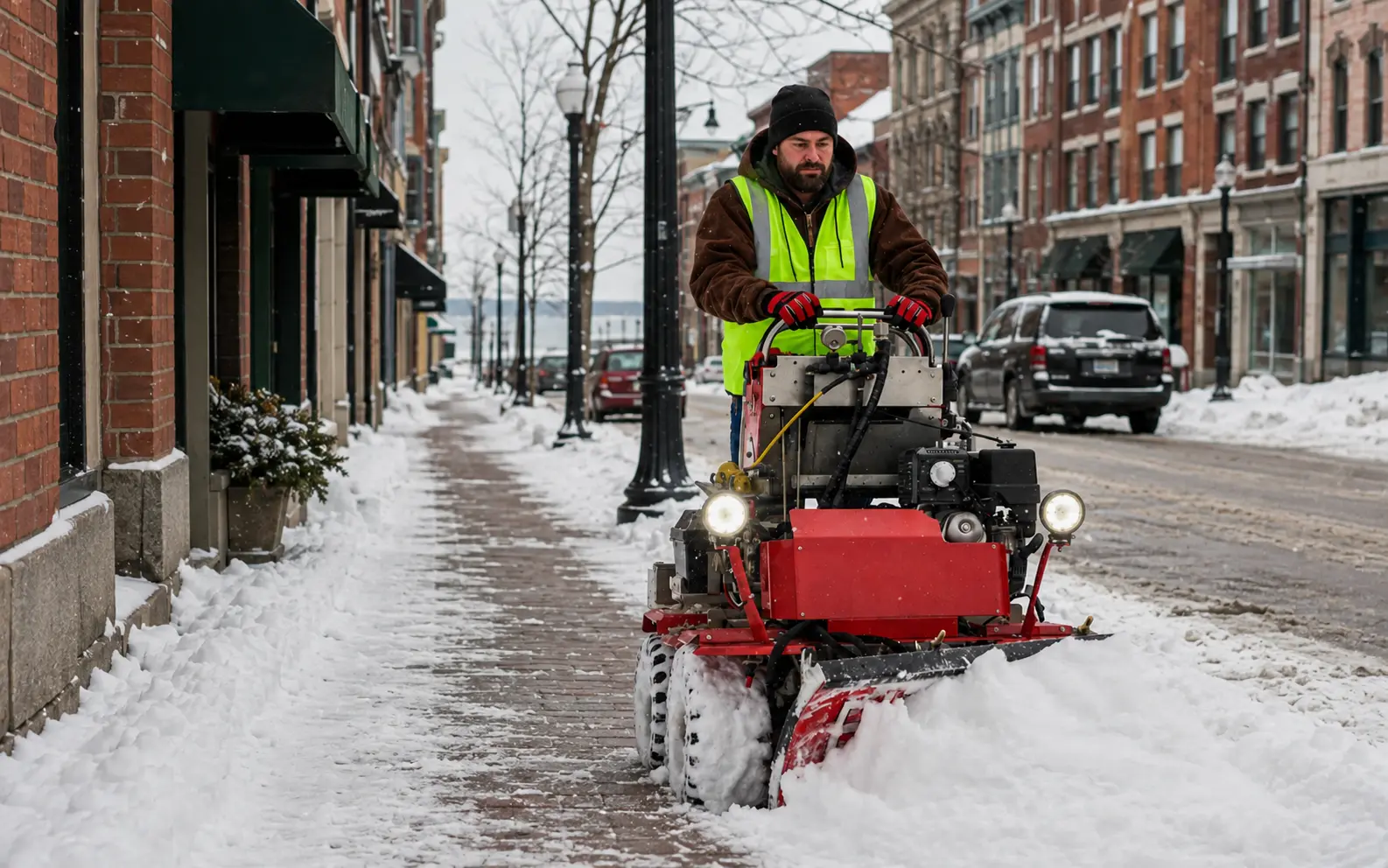 Crew member in a high-visibility vest clearing a commercial sidewalk to bare pavement